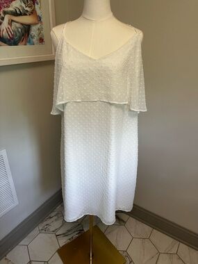 BCBGMaxAzria White Off-Shoulder Swiss Dot Midi Dress